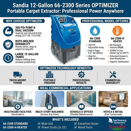 Sandia 12-Gallon 66-2300 Series OPTIMIZER Portable Carpet Extractor - 300 PSI Pump with Optional Heat