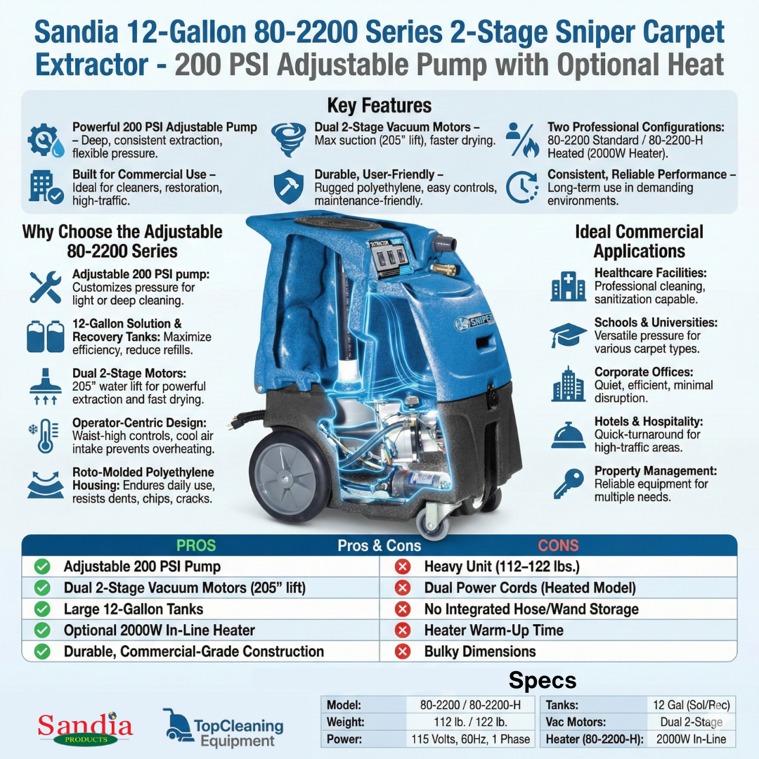 Sandia 12-Gallon 80-2200 Series 2-Stage Sniper Carpet Extractor - 200 PSI Adjustable Pump with Optional Heat