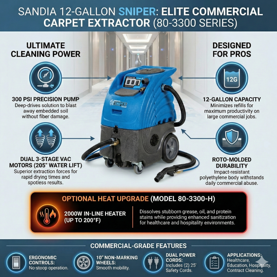 Sandia 12-Gallon 80-3300 Series Dual 3-Stage Sniper Carpet Extractor - 300 PSI Pump with Optional Heat