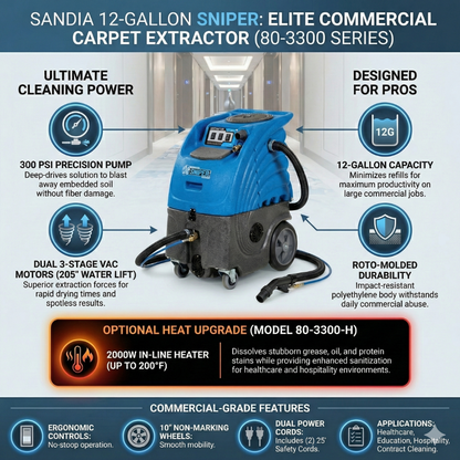Sandia 12-Gallon 80-3300 Series Dual 3-Stage Sniper Carpet Extractor - 300 PSI Pump with Optional Heat