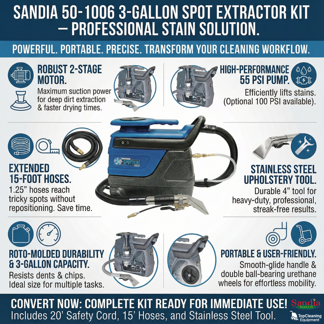 Sandia 50-1006 3-Gallon Spot Extractor Kit with 15 Ft. Hoses And Stainless Steel Upholstery Tool