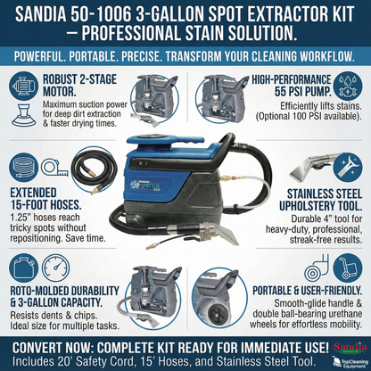 Sandia 50-1006 3-Gallon Spot Extractor Kit with 15 Ft. Hoses And Stainless Steel Upholstery Tool