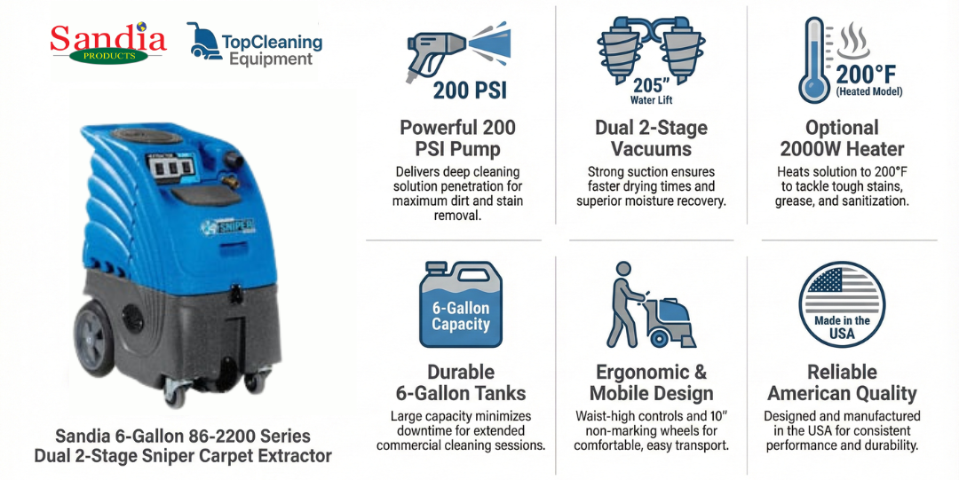 Sandia 6-Gallon 86-2200 Series Dual 2-Stage Sniper Carpet Extractor - 200 PSI Pump with Optional Heat