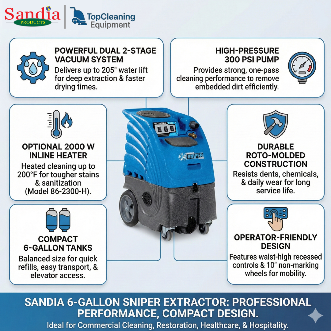 Sandia 6-Gallon 86-2300 Series Dual 2-Stage Sniper Carpet Extractor - 300 PSI Pump with Optional Heat
