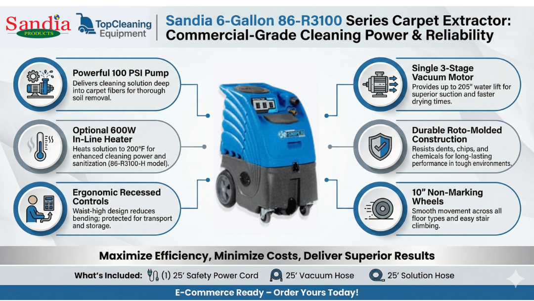Sandia 6-Gallon 86-R3100 Series Single 3-Stage Sniper Carpet Extractor - 100 PSI Pump with Optional Heat