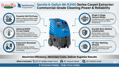 Sandia 6-Gallon 86-R3100 Series Single 3-Stage Sniper Carpet Extractor - 100 PSI Pump with Optional Heat