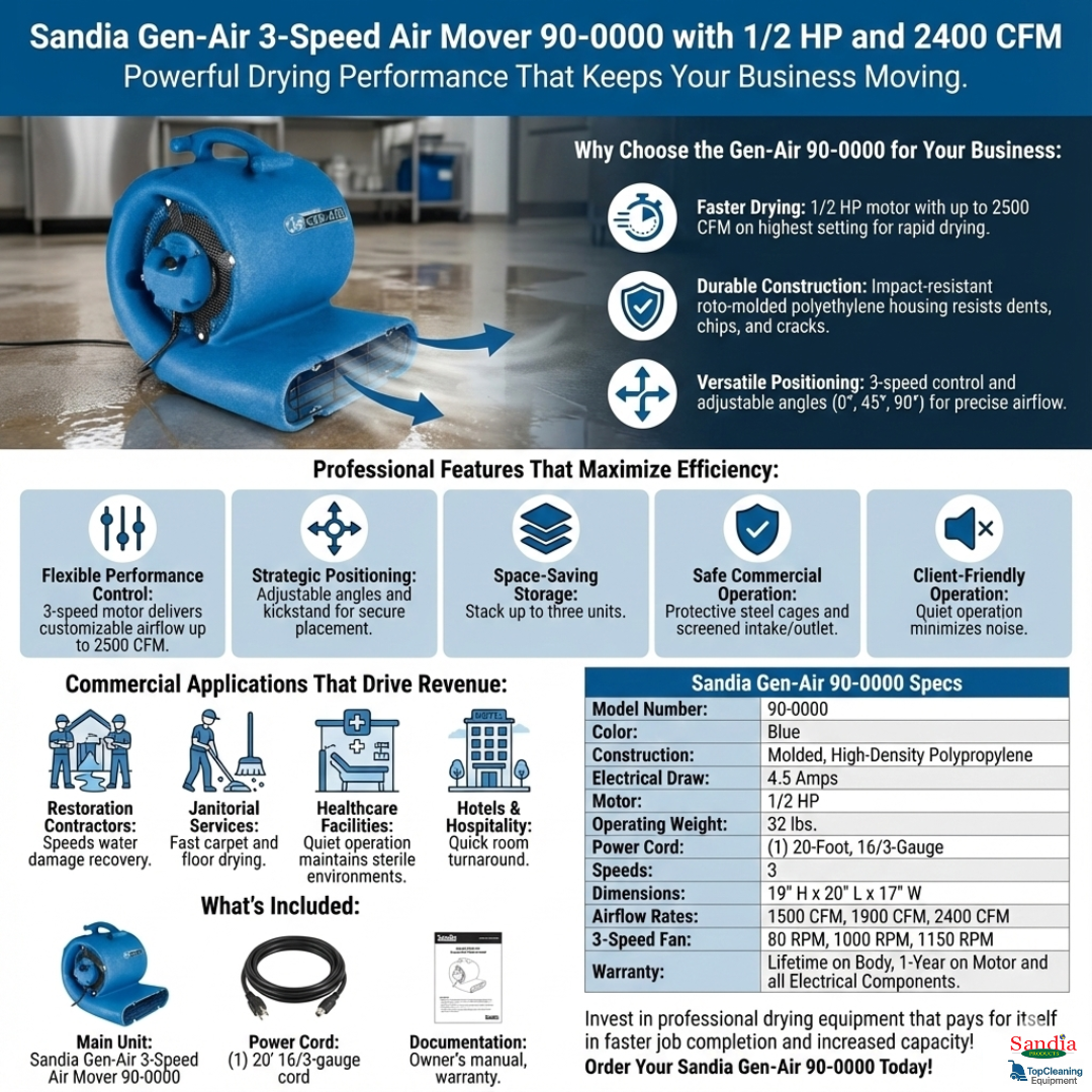 Sandia Gen-Air 3-Speed Air Mover 90-0000 with 1/2 HP and 2400 CFM infographic with sandia logo and topcleaningequipment