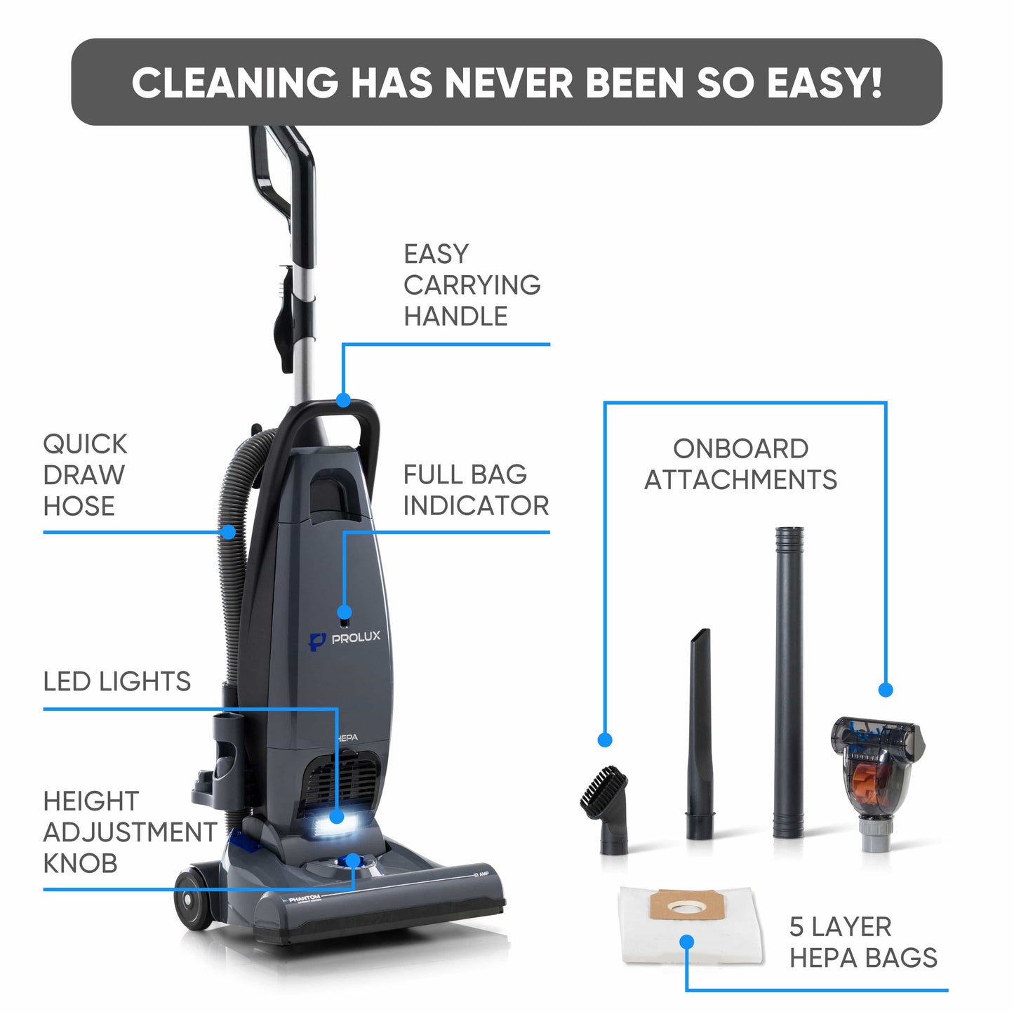 Prolux Phantom Bagged Upright Sealed HEPA Pet Vacuum for Home