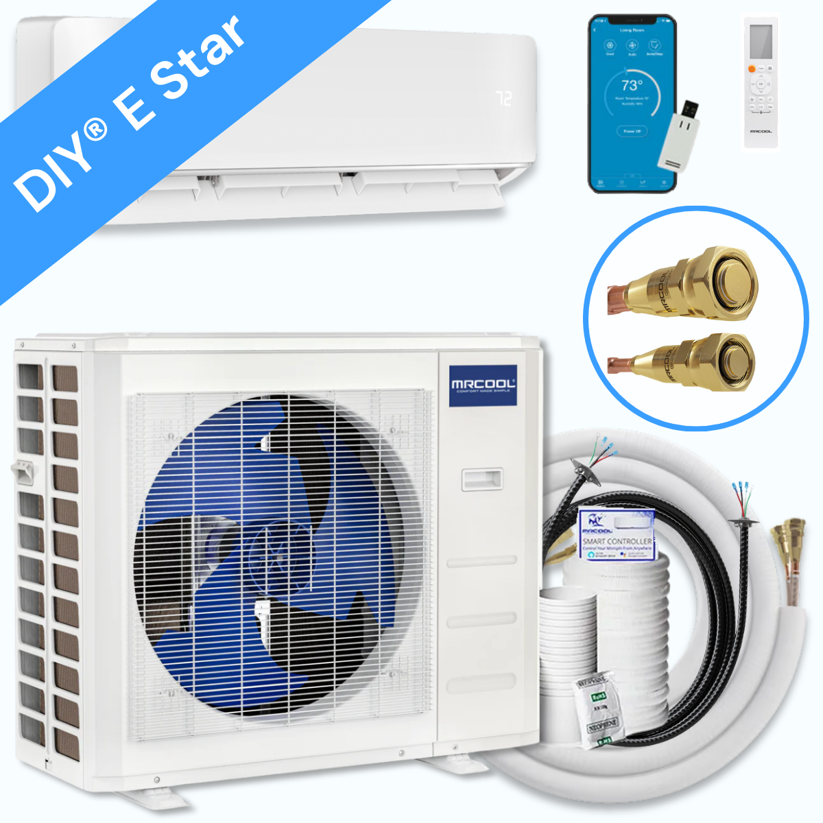 MRCOOL DIY® 5th Gen E Star 24,000 BTU Single Zone Mini Split Complete System 230V with 25 ft. DIY Quick Connect Line Set and DIYPRO Cable, DIY-24-HP-WM-230D25-O