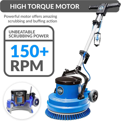prolux core 15 Blue floor scrubber with high torque motor and scrubbing power indication on a white background