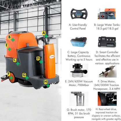 Ride-On Floor Scrubber RT70, 22" Brush for High Efficiency